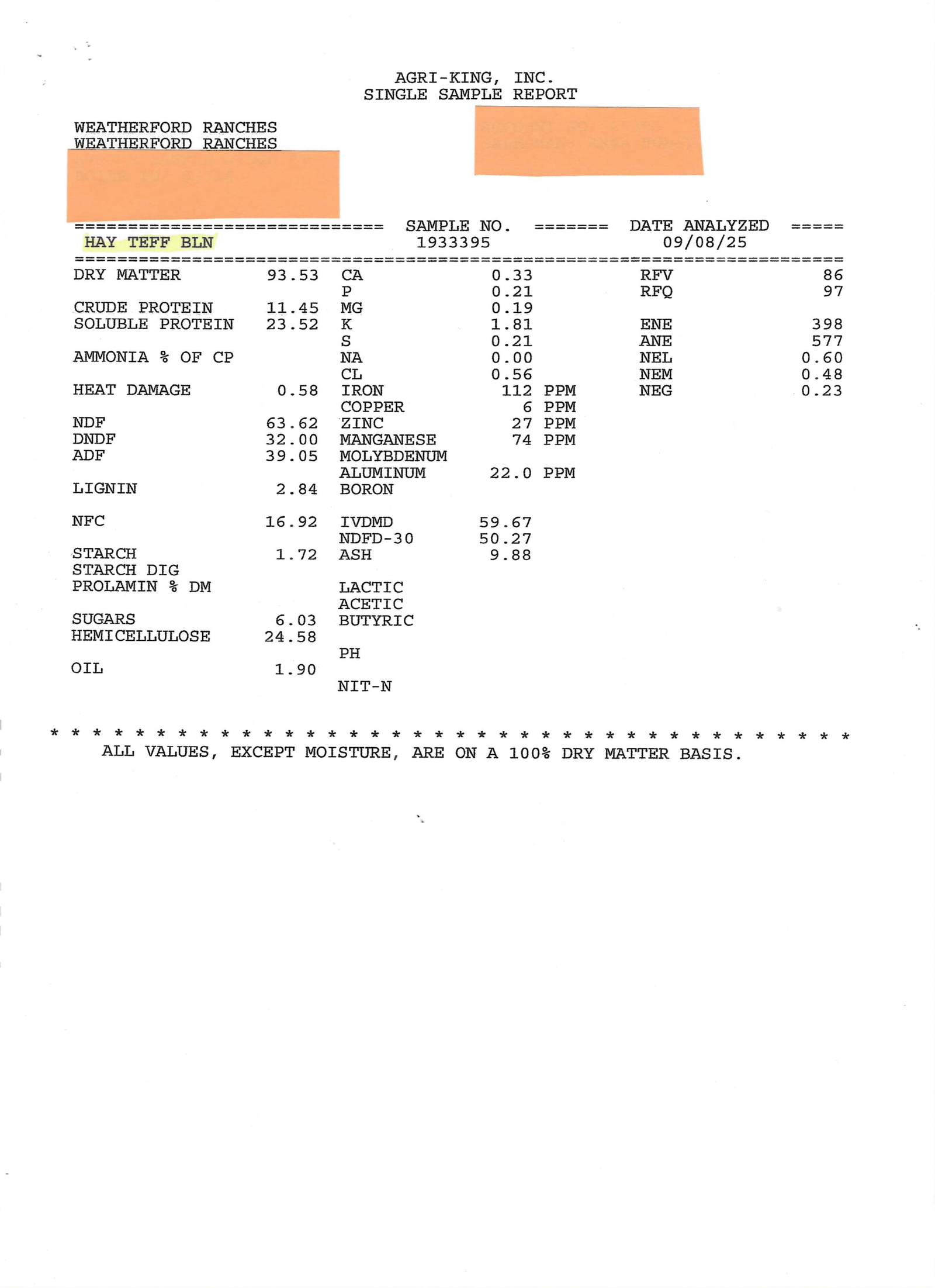 Teff Grass 2nd Cutting Test Results